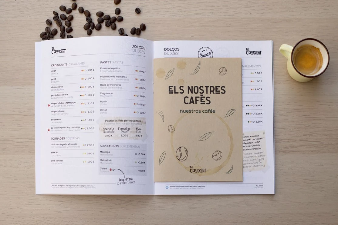 El Cruixent printed café menus with coffee illustrations