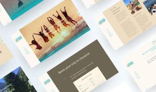My Happy Retreats website layouts showing travel imagery and content sections